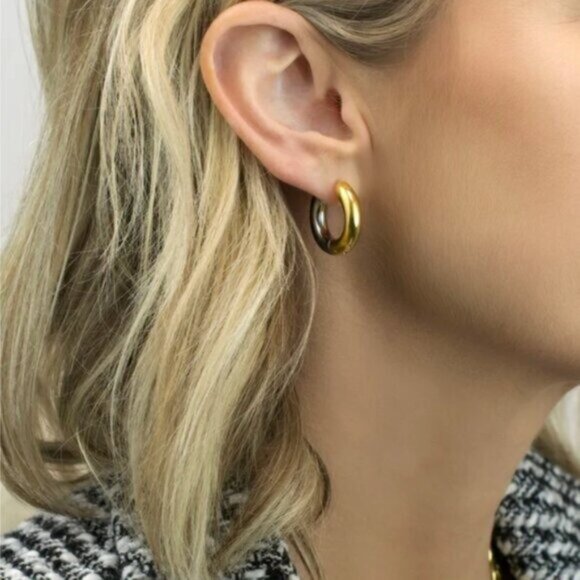 Chunky Mixed Metal Hoop Earrings Gold Silver Reversible Waterproof Hoops Classic - Picture 9 of 13